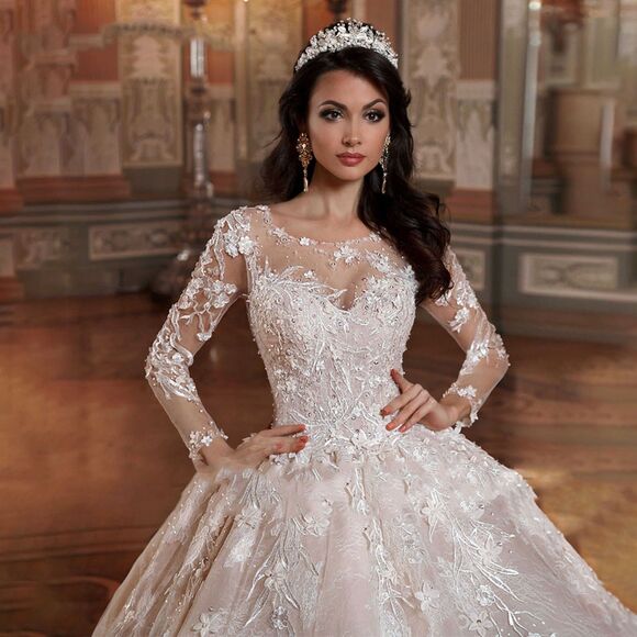 IS-NWT Luxury US18W Wedding Dress Long Sleeve Beading Flowers Scoop Wedding Gown - Picture 4 of 9